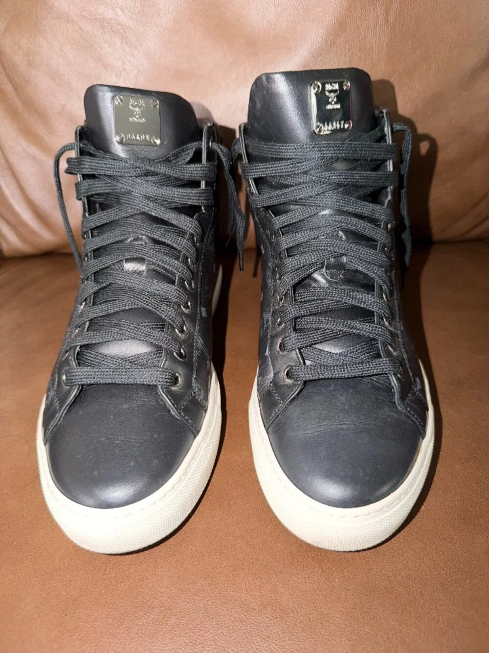 MCM Black Visetos High-Top Leather Sneakers - AUTHENTIC